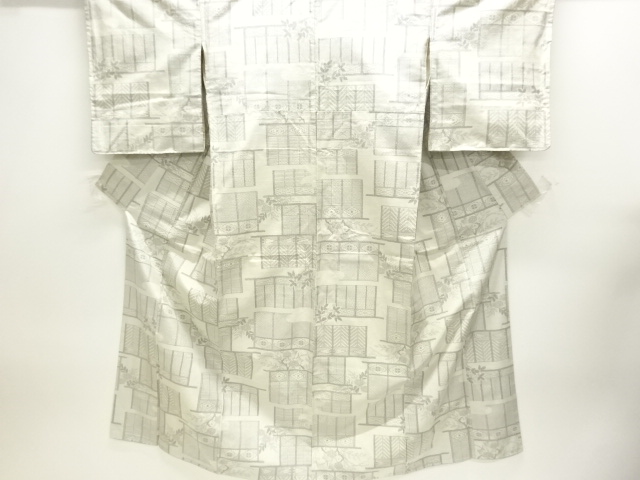 アンティーク　垣に草花模様織出し十日町紬着物